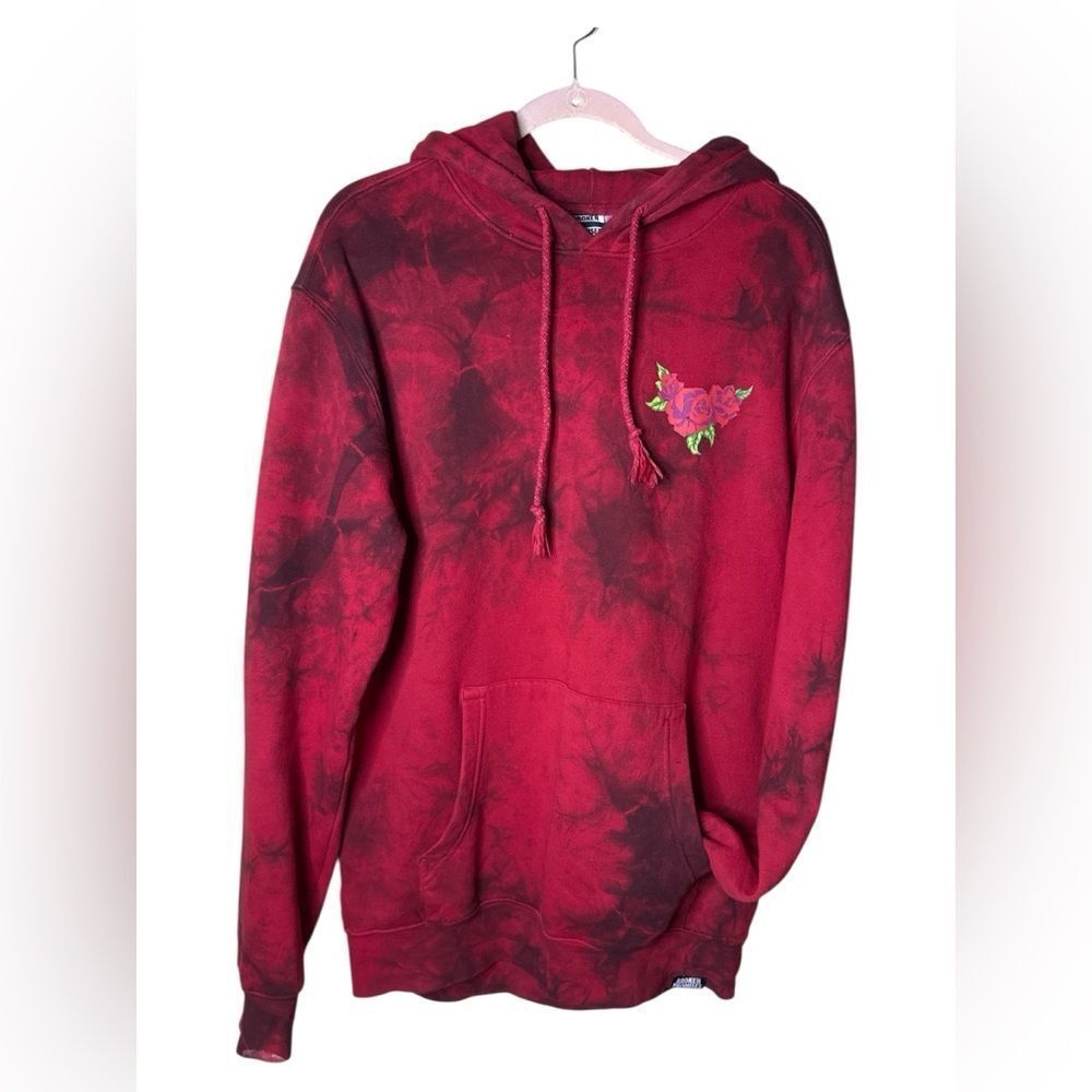 Broken Promises Red Tie-Dye Hoodie with Rose Embroidered Sleeve Soft M